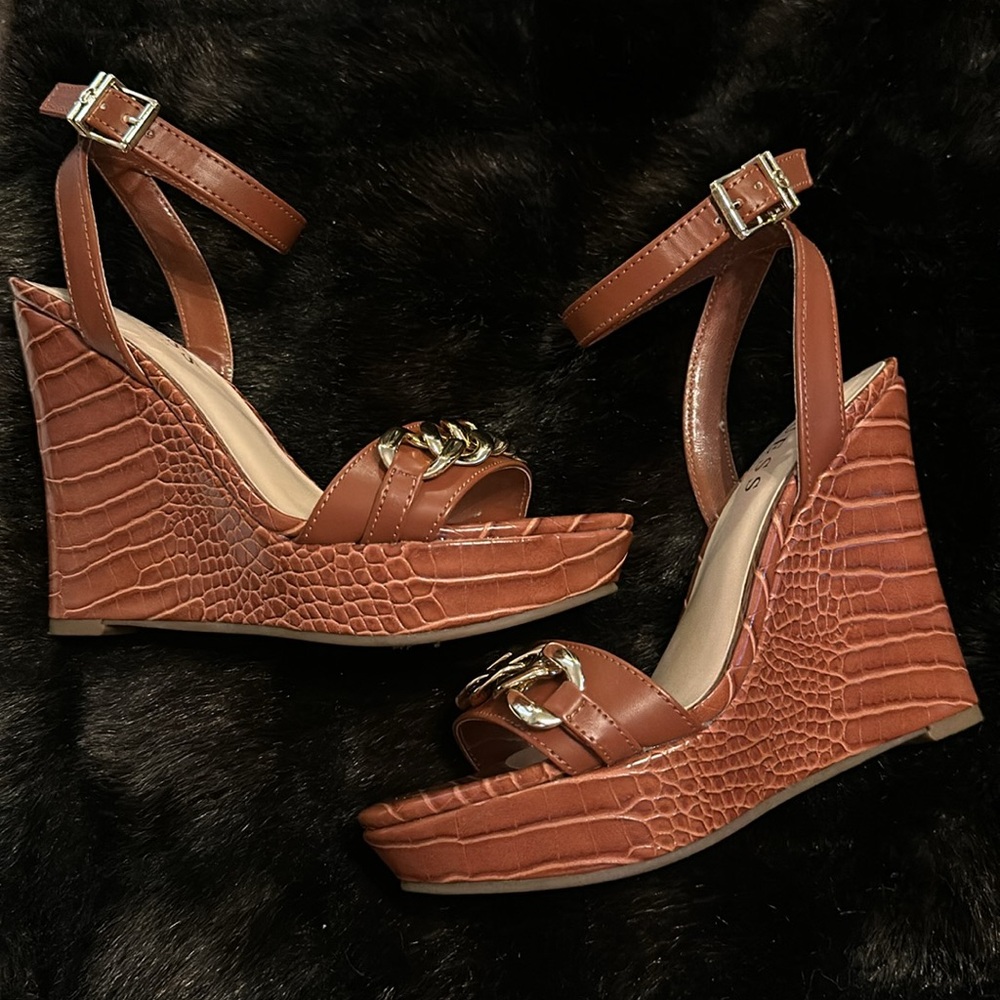Guess Brown Crocodile Skin Print Wedge Sandals